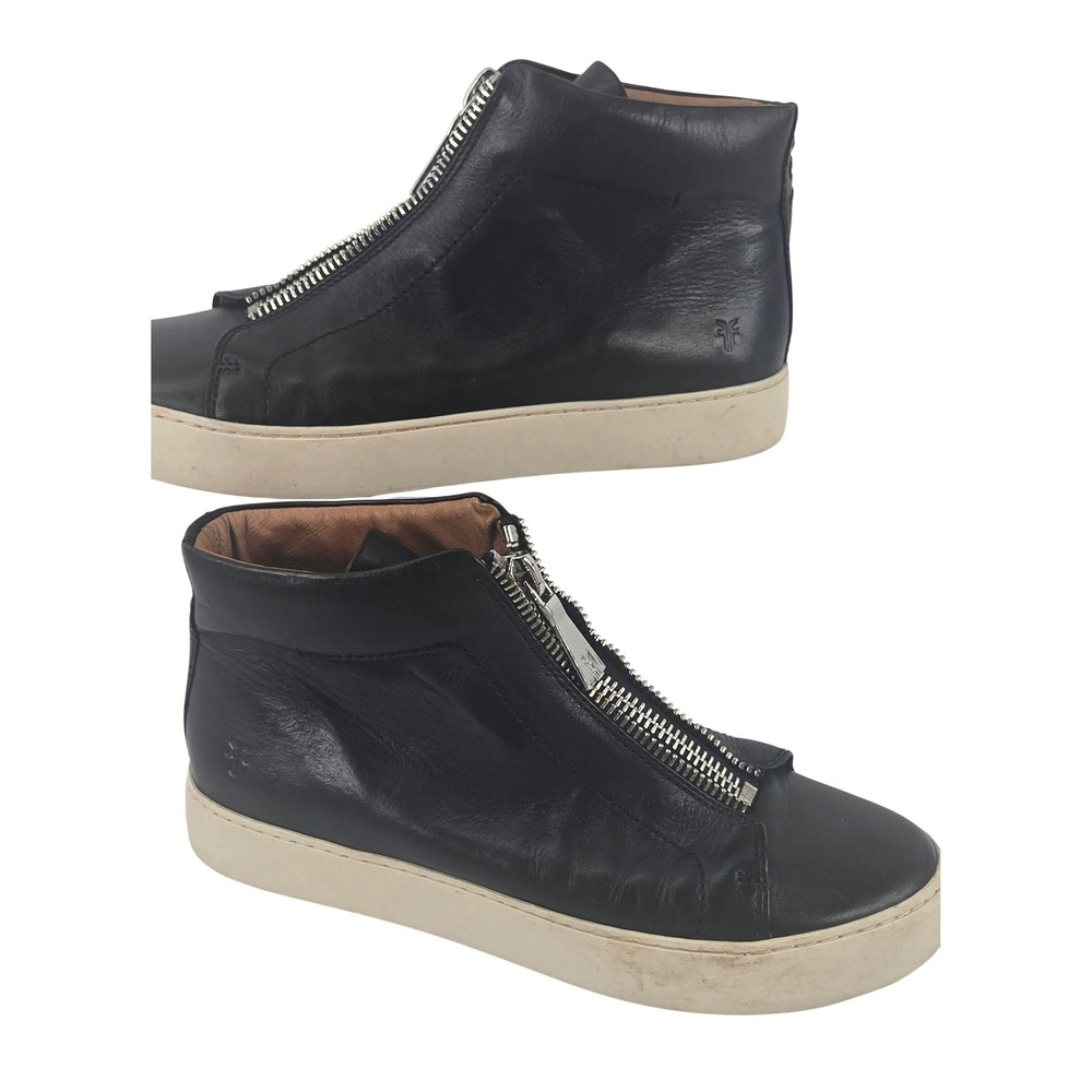 Frye 9M Lena Zip High Sneaker Boots Women Black Leather Front Zip 3471328